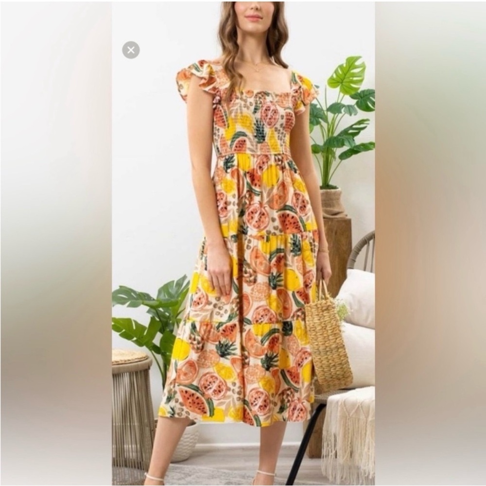 Anthropolgie By The River Tropical Fruit Print Cottagecore Ruffle Sleeve Dress L